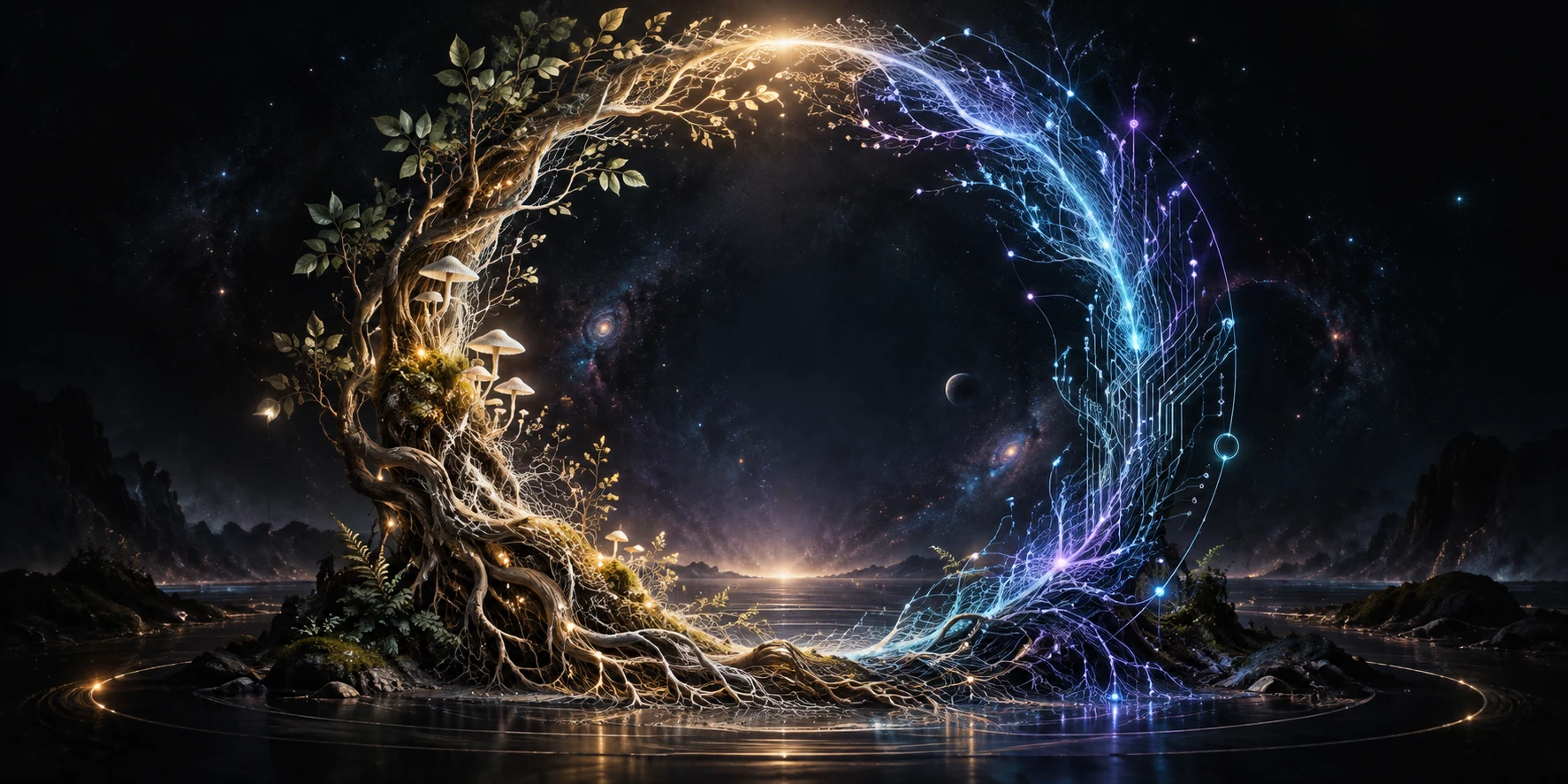 Luminous circular gathering artwork where organic roots become neural circuitry, suggesting ancient wisdom and artificial intelligence meeting in live conversation.