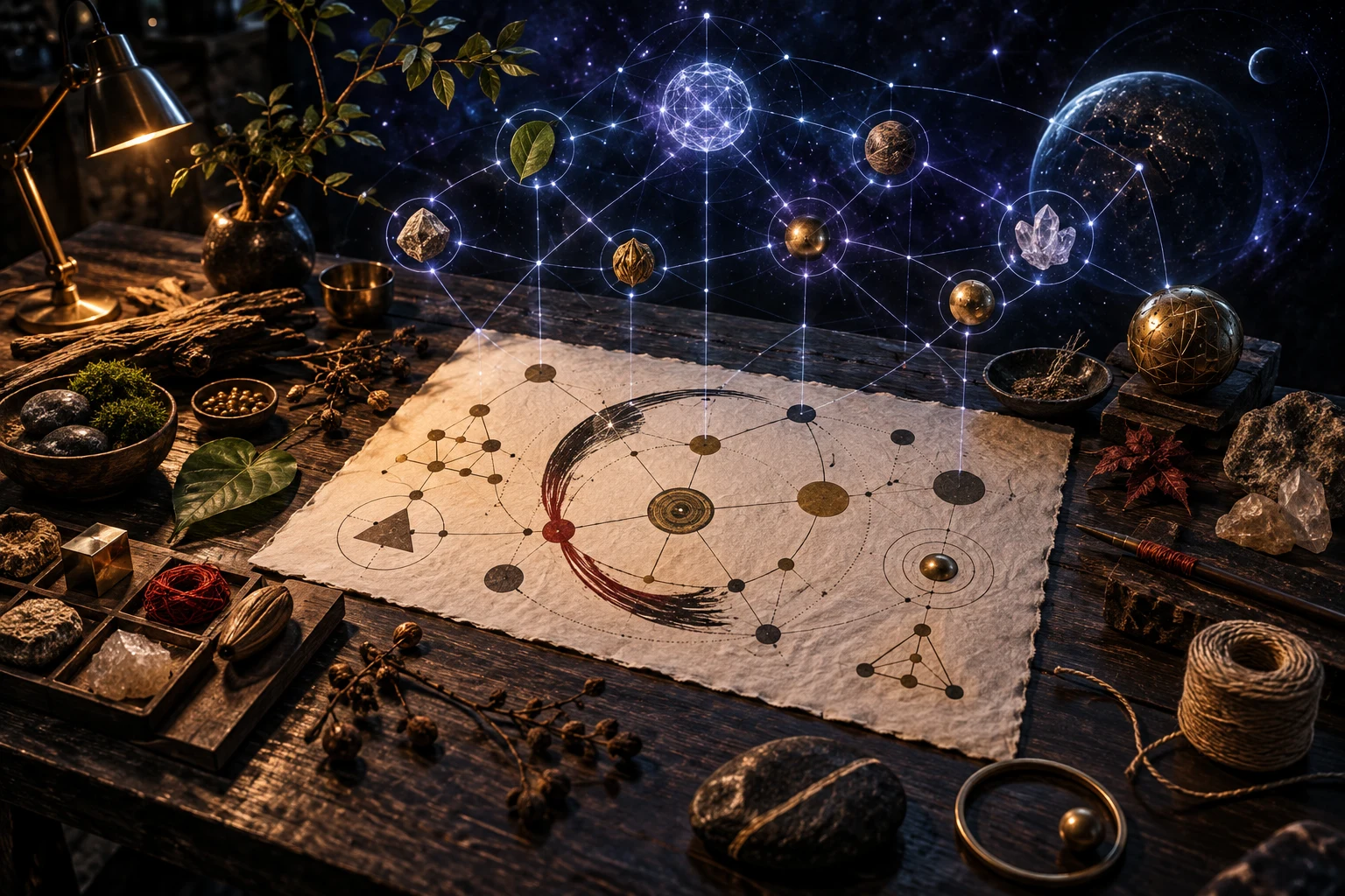 Symbolic workbench artwork blending a practical systems map, natural materials, a kung fu movement arc and a luminous AI network.