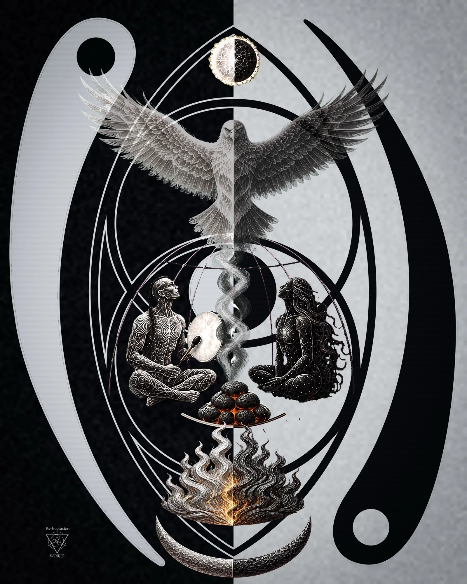 Inipi ceremony artwork: a spirit eagle rising through steam above two seated figures, a drum, fire-heated stones and flame, framed by the Re-Evolution World symbol in black and white.